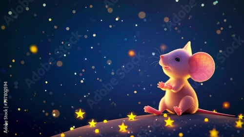 Cute cartoon animal, 3d art style, bokeh background. Stylized little mouse. Moon and stars, sweet dreams, night concept. banner, backdrop. Cute character for kids, looped animation