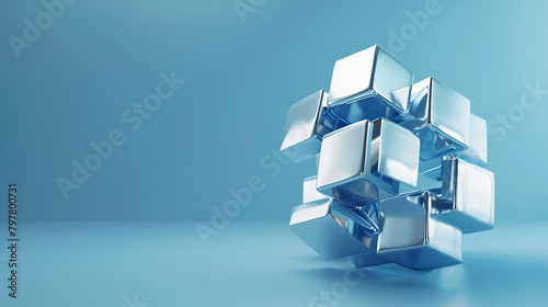 metallic cubes on white background ,studio photography of some blue cubic elements in light back, 3d cubic abstract background. Background with connection geometric cubes