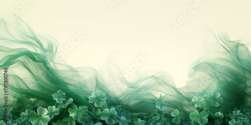 Kleeblätter als Glücksbringer mit wunderschöne fliegenden Tuch auf leuchtenden grünen Hintergrund im Querformat für Banner photo