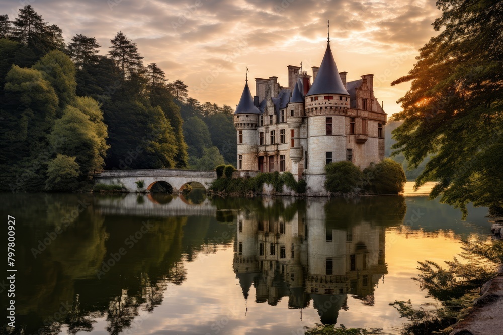 A Majestic Medieval Castle Perched on a Verdant Hill, Overlooking a Tranquil Lake under the Pastel Shades of a Setting Sun