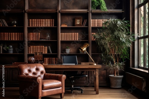 A Sienna Brown Office Space with Earthy Undertones, Featuring a Wooden Desk, Leather Chair, and a Bookshelf Filled with Classic Literature