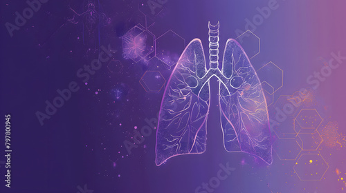 Digital illustration of human lungs with a backdrop of an abstract. hexagonal pattern and a gradient purple background