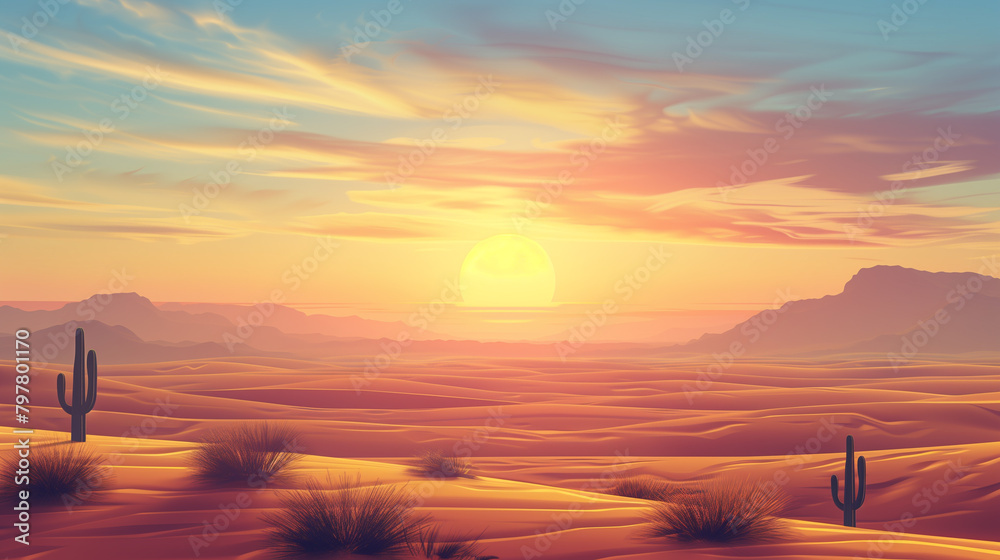 A vast desert landscape bathed in the warm glow of a setting sun, Generative AI