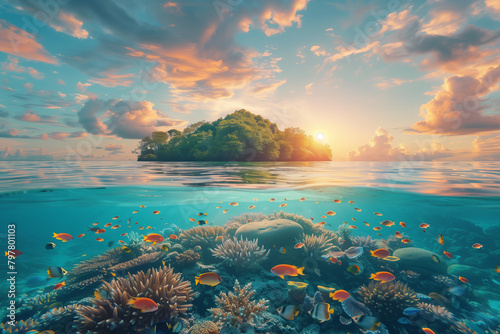 Selective focus of Colorful coral reefs and tropical islands at sunset Underwater landscape with fish in sea water. © S photographer