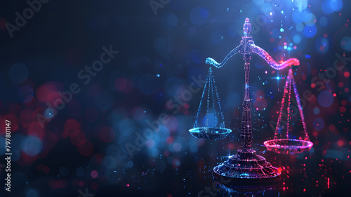 Digital illustration of scales with digital elements and glowing lights on a dark background. Digital law concept. Abstract technology futuristic design for a web banner. poster or presentation 