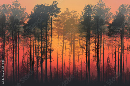 Silhouette texture of a forest against a sunset or sunrise backdrop  featuring tree outlines and atmospheric gradients. 