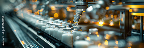 Selective focus of A robot arm in a dairy factory is picking up a stack of white glass bottles filled with fresh pasteurized milk. photo