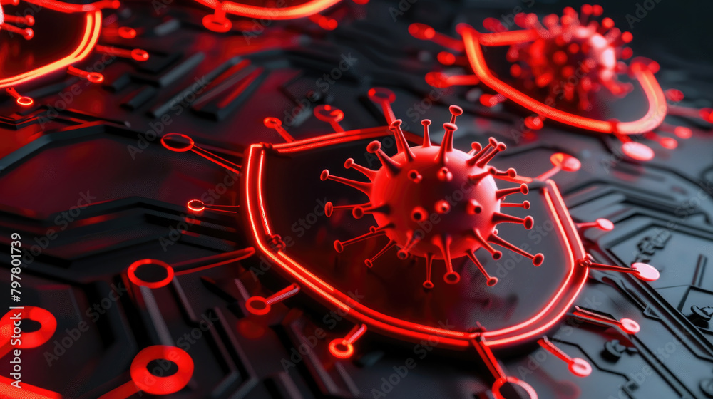 Detailed view of a computer circuit board with glowing red light indicators, showcasing intricate electronic components and technology Detailed view of a computer circuit board with glowing red light indicators, showcasing intricate electronic components and technology