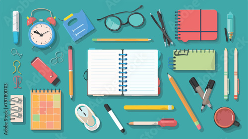 Different school stationery and notebook on turquoise