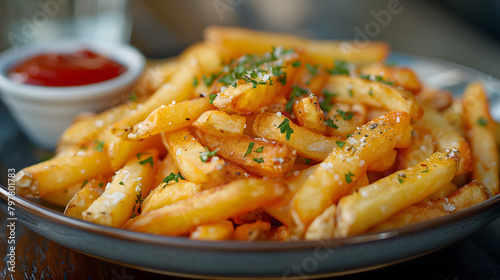 Perfect Crispy French fries on a plate, close-up, cinematic, food photography