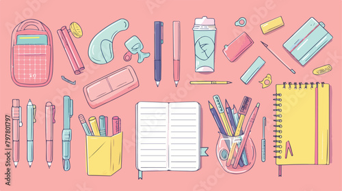 Different school stationery and notebooks on pink background