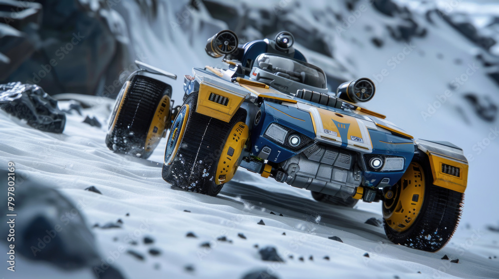 A yellow and blue vehicle makes its way through a snowy mountain landscape, showcasing winter driving conditions