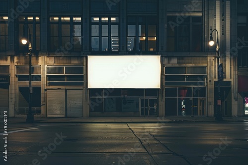 Blank banner mockup at conner building street advertisement electronics. photo