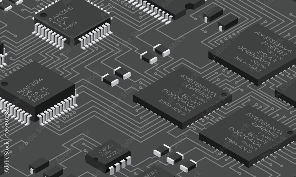 Fototapeta premium Isometric electronic board. Isometric printed circuit board with electronic components. Electronic components and integrated circuit board