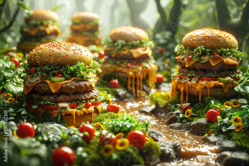 Juicy burgers with melted cheese stacked on top of a forest floor, blending junk food with the beauty of nature