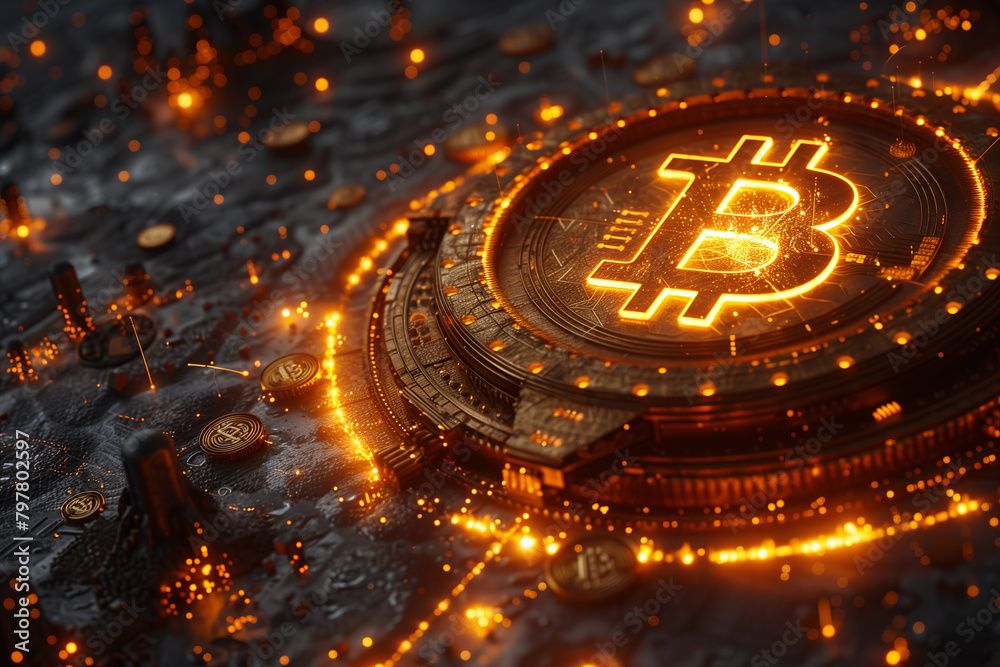 Selective focus of 3D rendering of a golden bitcoin coin on a background.