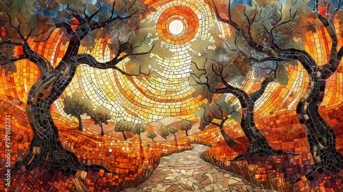 Spanish natural mosaic inspiration, olive trees, and the illusion of stained glass 