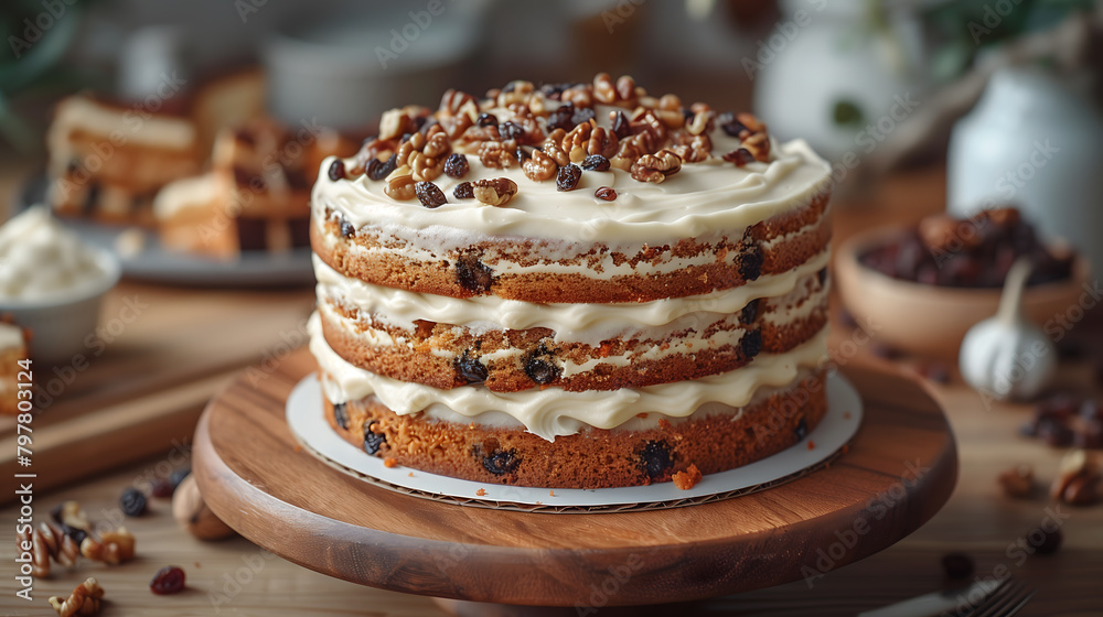 Rich frosted and nutty carrot cake, food photography, cinematic, close-up