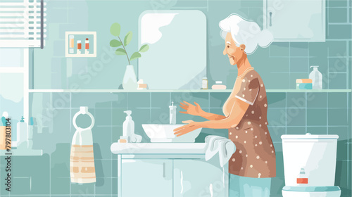 Elderly woman washing hands in bathroom Vector illustration photo