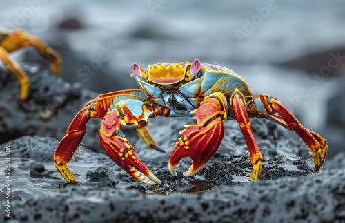 Close up of sally lightfoot crab on black rock, blue water in background