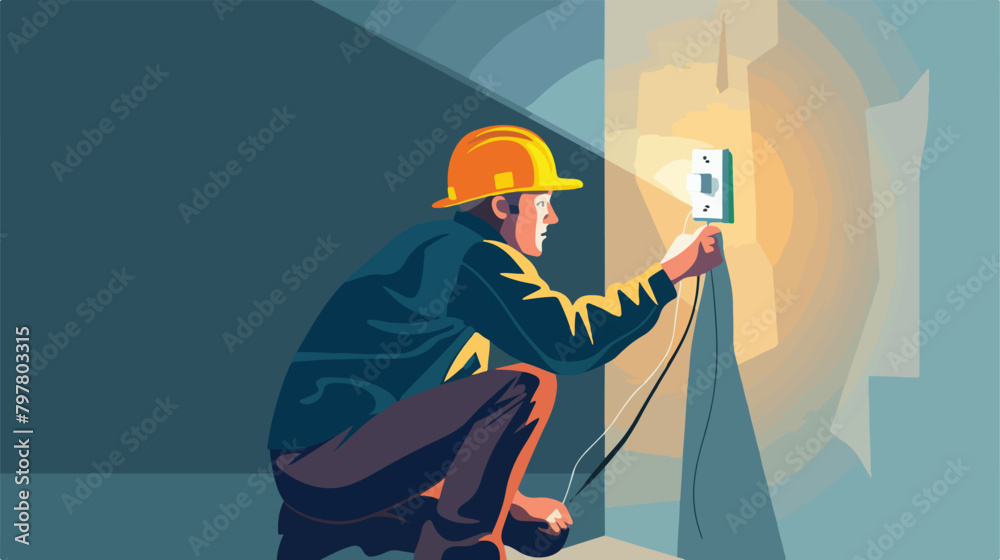 Electrician repairing wall switch indoors Vector illustration