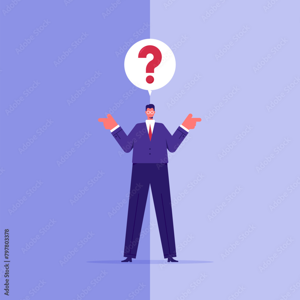 Make choice or decision concept, businessman makes a choice with pointing hands in different directions and mental question Make choice or decision concept, businessman makes a choice with pointing hands in different directions and mental question