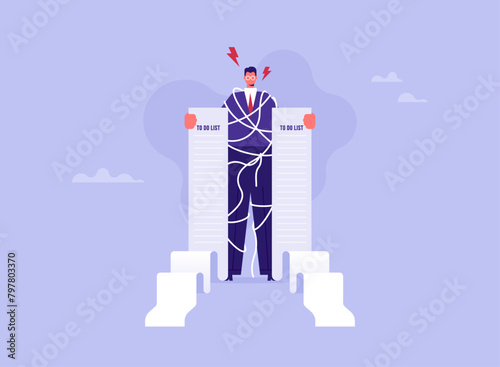 Long to do list, performance and effectiveness management or overwhelmed work and responsibility, businessman holding long to-do list on paper with tangled messy rope around