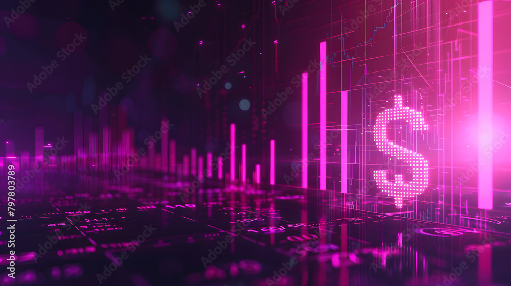 Digital scene with stock market figures and charts on the right. a dollar icon in front