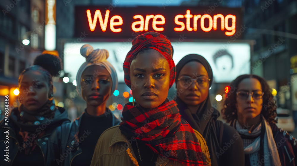 diverse women standing together, with the phrases and 