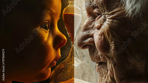 passage of time concept, a sand clock in the centre, on one side, a newborn, innocent and full of potential, and on the other, an older person, weathered by time and experience
