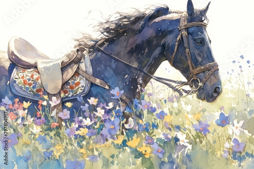 Beautiful black horse with flowers in the style of watercolor on a white background