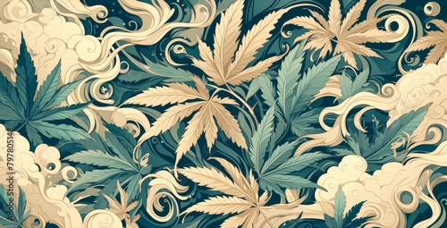 Cannabis leaf surrounded by cartoon clouds and swirls