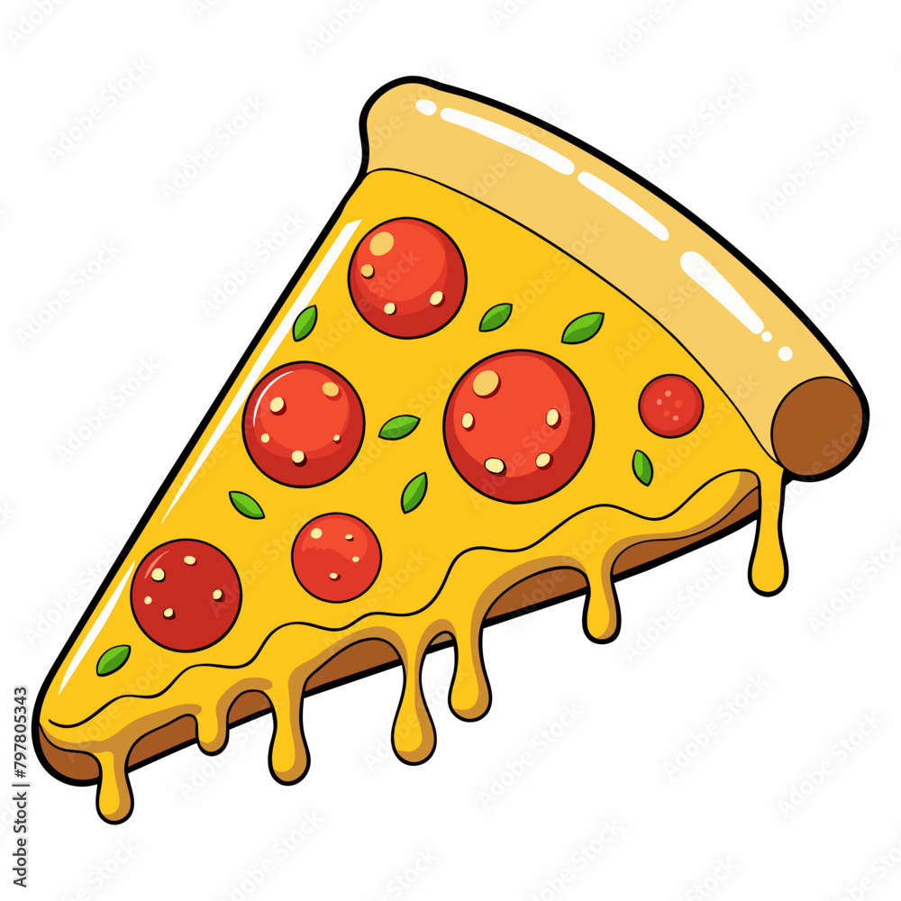 Vector illustration. Pizza cutout with melted cheese and pepperoni. Cartoon stickers in comic style with contour. Decoration for greeting cards, posters, patches, clothing prints, emblems Vector illustration. Pizza cutout with melted cheese and pepperoni. Cartoon stickers in comic style with contour. Decoration for greeting cards, posters, patches, clothing prints, emblems