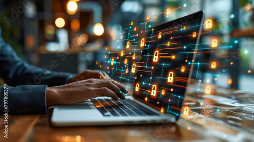 hands of a businessman use a laptop with a virtual padlock icons, cyber and data security concept