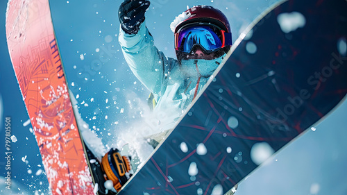 snowboarder doing tricks on the mountain, close up of snowboarder on the snow