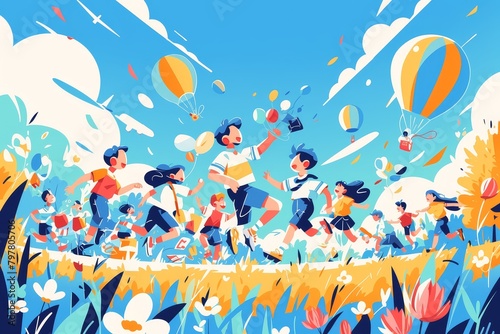 Children playing in the park  hot air balloons flying overhead. A flat design illustration