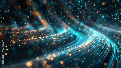 Fiber optic explosion of light with vibrant cyan and orange data points.  Abstract Technology Background photo