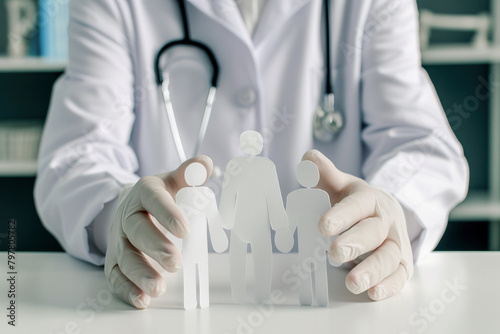 Doctor protecting paper human figures. Healthcare and life insurance concept photo