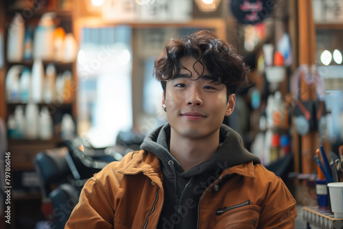 Asian man sitting in a barber chair in a beauty salon.