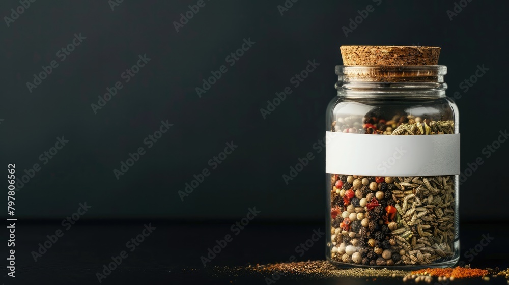 Glass Jar with White Label, Spices on Black Background Glass Jar with White Label, Spices on Black Background