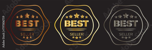 Set of premium luxury best seller badge icon flat vector illustration clipart isolated. Best seller sticker, label, banner, ribbon collection. Set of best seller metal emblem for sale. 11:11 
