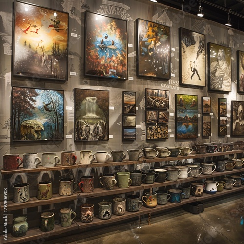 Earthy Tones: Ceramic Mugs and Coordinated Artwork in a Cozy Corner