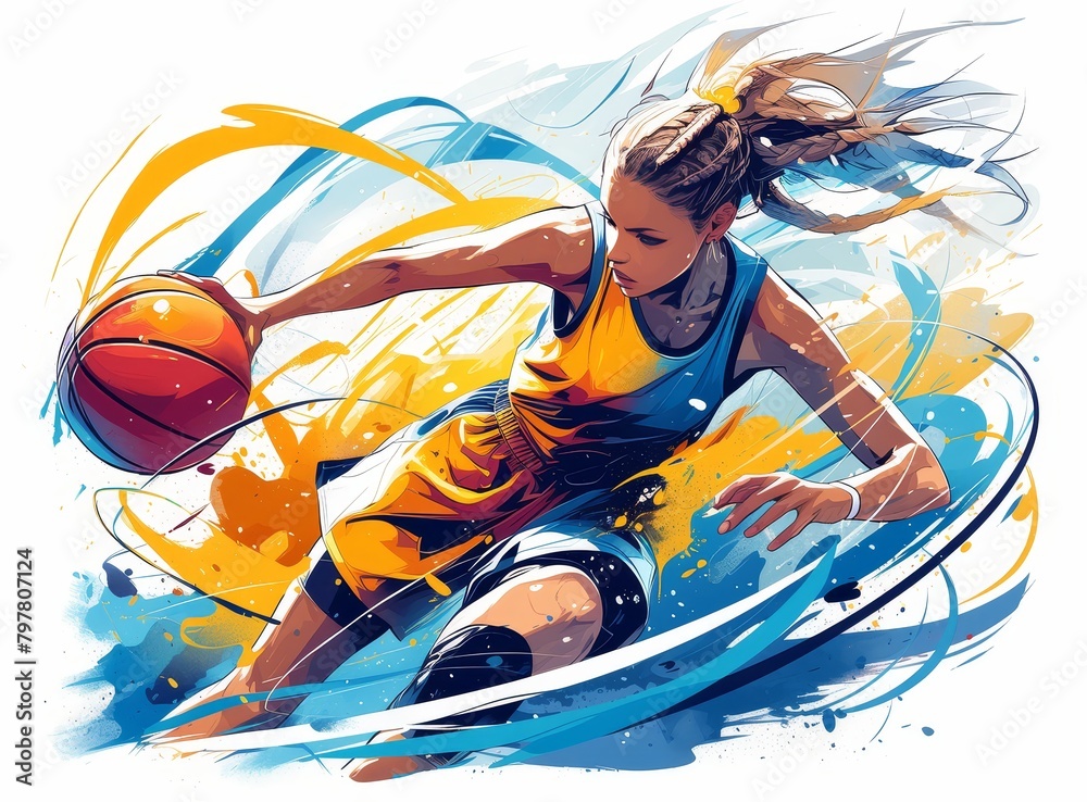 An artistic and dynamic illustration of a woman playing basketball, with vibrant colors and abstract shapes in her hair. 