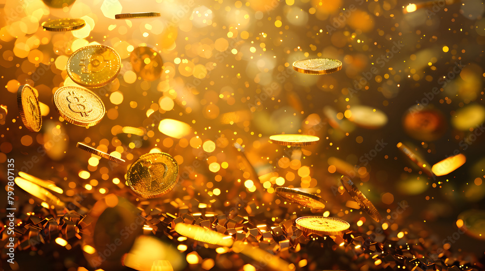 Gold coins falling from the sky. gold splashes and golden light effects. Gold coins falling from the sky. gold splashes and golden light effects.