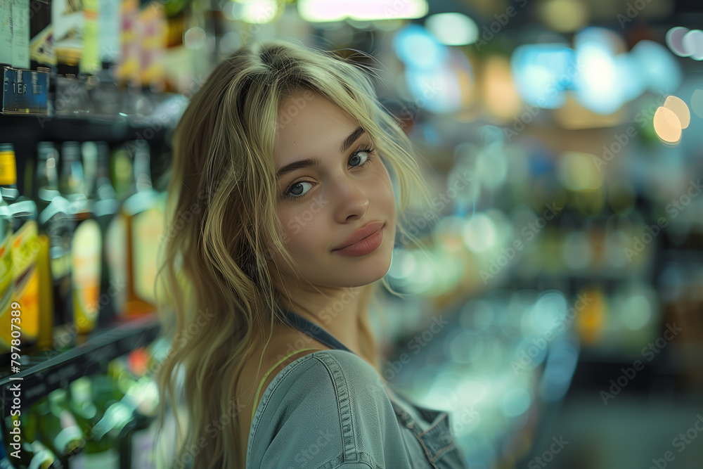 A Caucasian female employee in an apron manning the liquor shelves in a department store is looking confidently at the camera. A Caucasian female employee in an apron manning the liquor shelves in a department store is looking confidently at the camera.