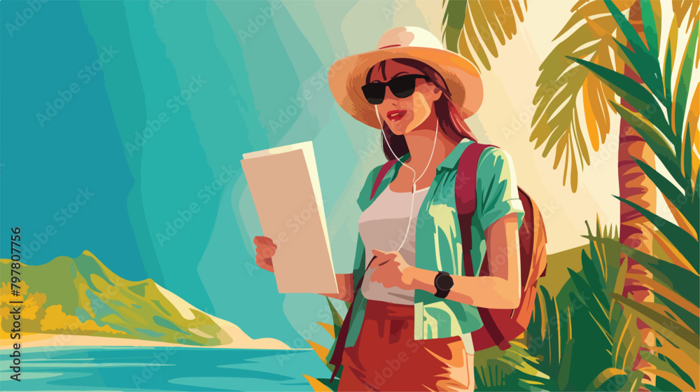 Female tourist with documents on color background vector