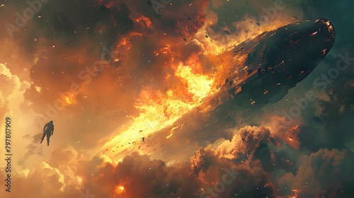 An astronaut floats in space, observing the devastating explosion of a spacecraft amidst fiery debris and clouds, Digital art style, illustration painting.
