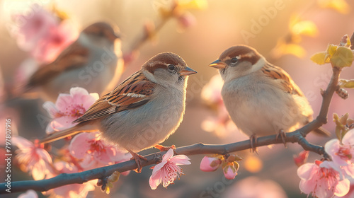 Group of sparrow birds sitting on the branch of blossom tree.