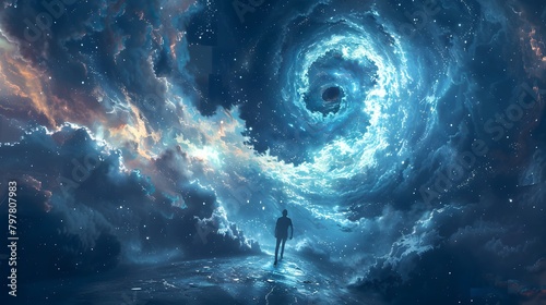 A lone observer stands before the mesmerizing swirl of a galactic vortex, contemplating the vastness of the universe, Digital art style, illustration painting.