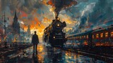 A vintage steam locomotive pulls into a bustling station at sunset, its arrival painting a lively scene of travel and nostalgia, Digital art style, illustration painting.